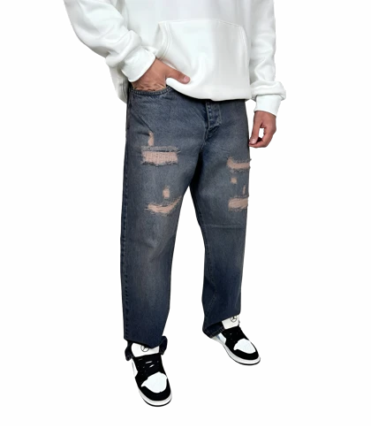 شلوار جین مردانه بگ (Baggy Fit) - آبی تیره زاپ‌دار - فیت آزاد و لش