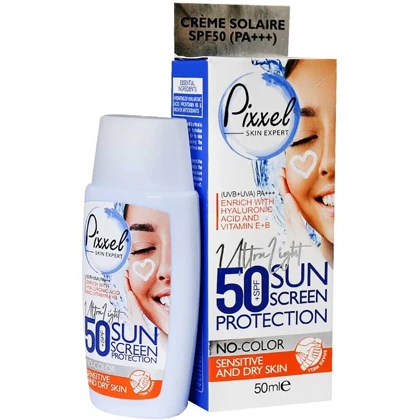 کرم ضد آفتاب بی رنگ پیکسل با 50+SPF مناسب پوست خشک و معمولی