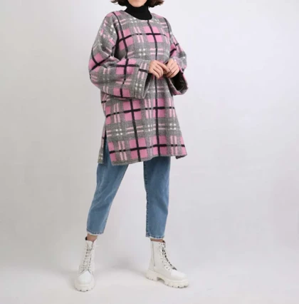 پالتو پشمی کوتاه چهارخونه صورتی