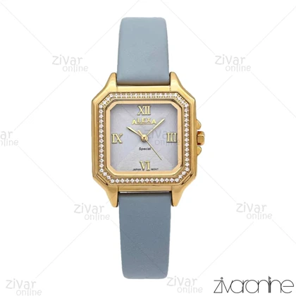 ساعت الکسا اسپشیال A2019 زنانه طلایی آبی دور نگین بند چرمی 106212