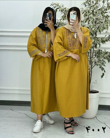 پیراهن لینن گلدوزی آستین کیمونو خردلی 6025