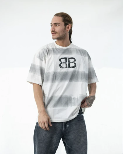 تیشرت باکسی مردانه طرح رینگری سفید طوسی بالانسیاگا