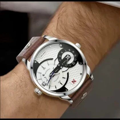 ساعت مچی مردانه اورجینال Never Stop با جعبه اورجینال و باطری اضافی بند چرمی قهوه ای