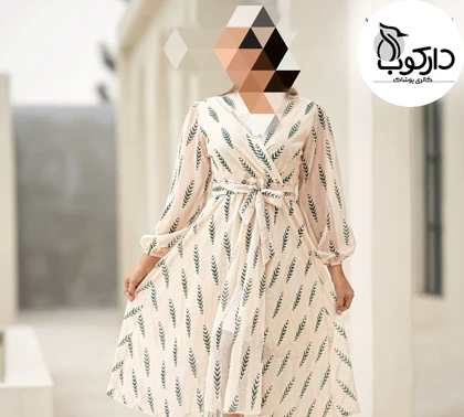 پیراهن مجلسی زنانه یقه هفت دامن کلوش کرپ حریر طرحدار