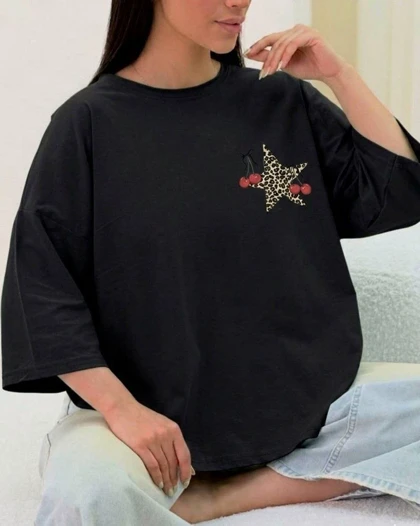 تیشرت باکسی طرح ستاره و گیلاس مدل دایانا کد 50369