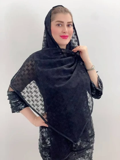 شال توری مشکی طرح الو Alo - دوردوزی شده وارداتی ترک