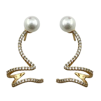 گوشواره زنانه ژوپینگ مدل مارلیا طرح طلا با مروارید و فرم موجی نگین‌دار