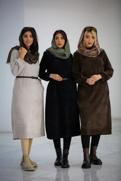 پالتو بلند کفتان زنانه یقه گرد بیسکوییتی