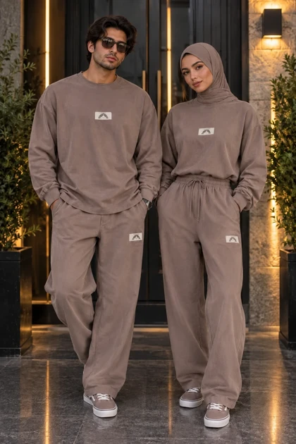 ست دورس و شلوار بگ دو نخ پنبه (Oversize) رنگ شکلاتی