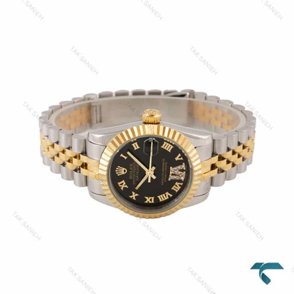 ساعت زنانه رولکس دورنگ صفحه مشکی ایندکس یونانی Rolex-6849-L