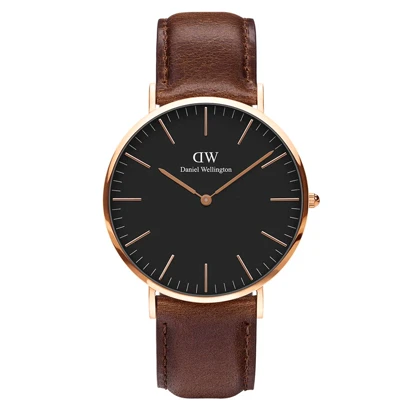 ساعت دنیل ولینگتون مردانه بند چرم قهوه ای رزگلد مشکی DW-3539-G