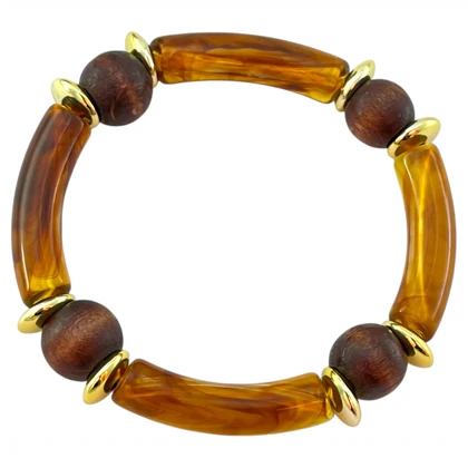 دستبند زنانه بنگل رزینی و چوبی چندتکه مدل لورا عسلی‑طلایی