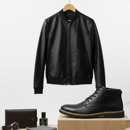 پکیج کاپشن چرم مردانه مدل Artim + نیم بوت cat مردانه مدلRivari