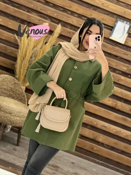 مانتو لینن کمرگت دکمه چوبی