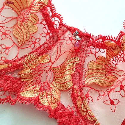 ست شورت و سوتین زنانه فیتن مدل فنردار گیپور طرح دار قرمز کد 4952-4