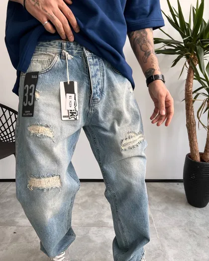 شلوار نیم بگ آبی یخی زاپ‌دار BERSHKA
