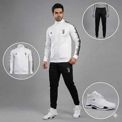 پکیج ست سویشرت شلوار یوونتوس مردانه مدل R77 + کفش ساق‌دار مردانه EMTO-سفید