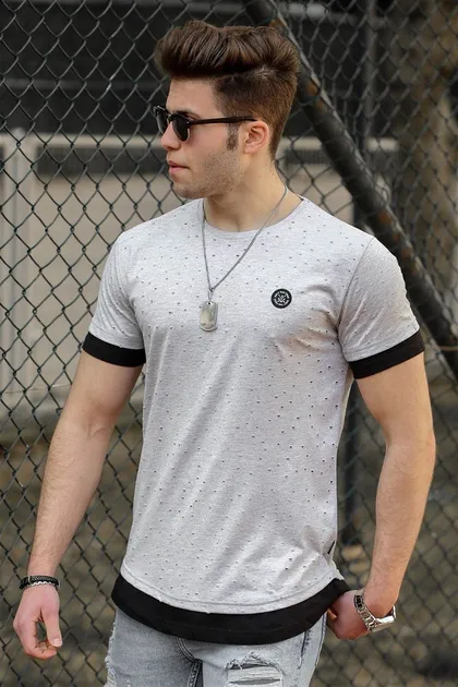 تیشرت مردانه با جزئیات پاره شده خاکستری 4489