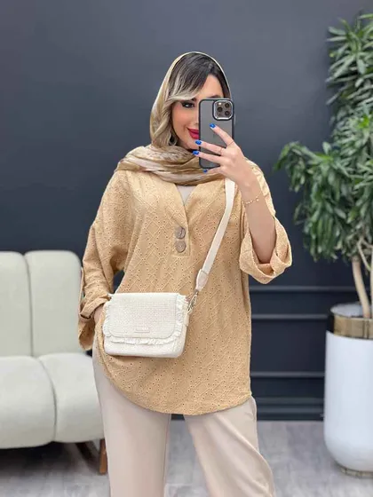 شومیز دو دکمه چوبی آستین پاگن