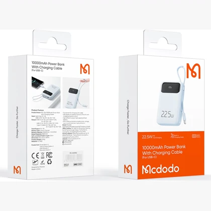 پاوربانک 10000 تایپ‌سی و USB-A توان 22.5 وات مک‌دودو MCDODO MC-324 با کابل تایپ‌سی متصل و نمایشگر دیجیتالی