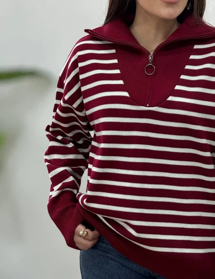 پلیور بافت ترک یقه زیپ راه راه