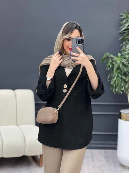 شومیز دو دکمه چوبی آستین پاگن