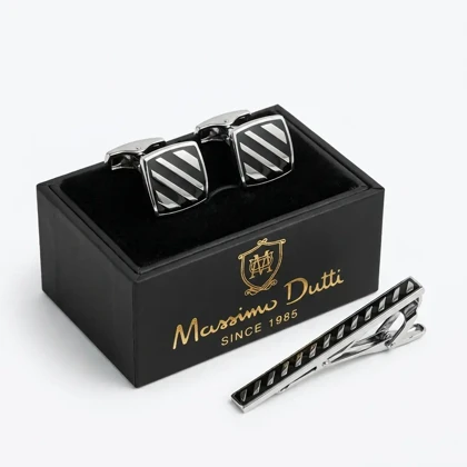 ست دکمه سردست و سنجاق کراوات طرح خطی مشکی برند Massimo Dutti