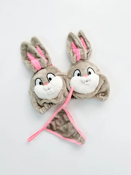 ست نیم‌تنه کاپ‌دار و شورت بکلس حوله ای طرح خرگوش