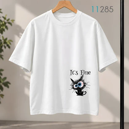 تیشرت اورسایز سفید طرح گربه فانتزی It's Fine