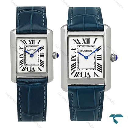 ساعت ست کارتیر تانک نقره ای بند چرم سرمه ای Cartier-8890-S