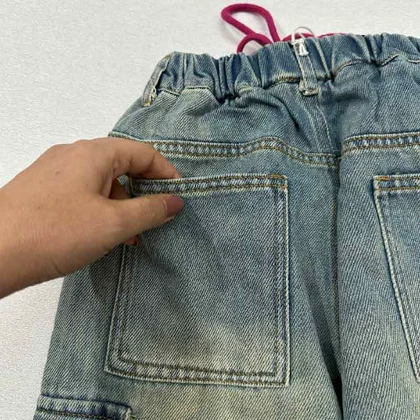 شلوار جین سنگ شور شده مام 6 جیب بند صورتی