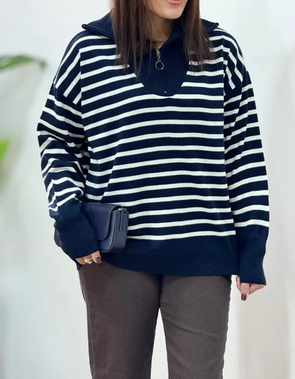 پلیور بافت ترک یقه زیپ راه راه