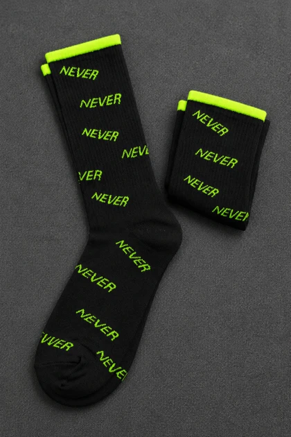جوراب ساق بلند نانو مشکی با نقوش نئونی طرح NEVER
