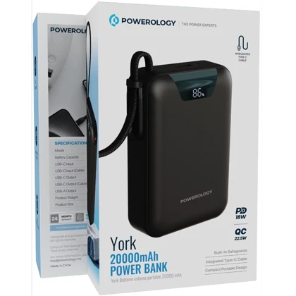 پاوربانک 20000 تایپ‌سی و USB-A توان 22.5 وات پاورولوژی Powerology PPBM102BK با کابل تایپ‌سی متصل و نمایشگر دیجیتالی