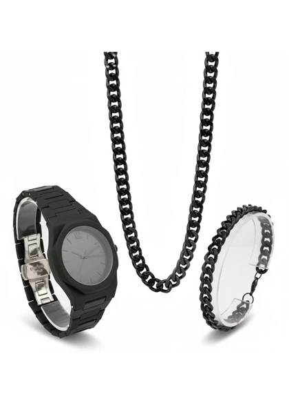 ست مردانه ساعت و دستبند و گردنبند solid black-مشکی ویژه