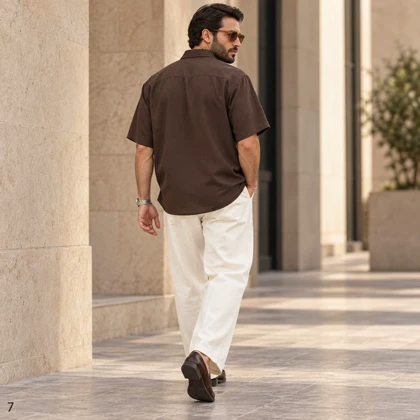پیراهن مردانه باکسی پارچه پری آستین کوتاه قهوه‌ای پرسیسکا
