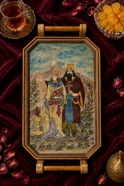سینی چوبی دور خاتم کار دست کد m0320 گالری ساعت ضرابی