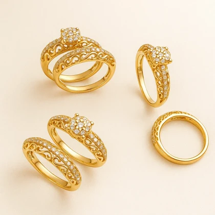 ست حلقه و پشت حلقه ژوپینگ طلایی با نگین و طرح اسکرول