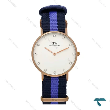 ساعت DW زنانه رزگلد صفحه سفید بند برزنتی بنفش سرمه ای DW-7230-L