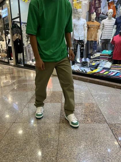 شلوار بگ کتان رنگ سبز لجنی بسیار خاص-قد 108 سانتی متر