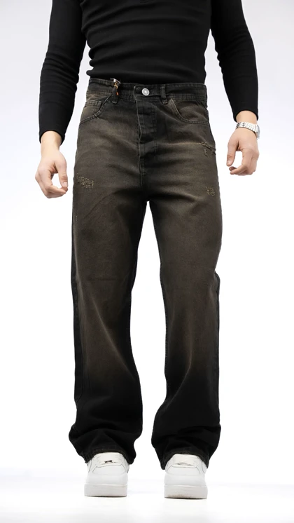 شلوار جین نیم بگ ذغالی تینت زرد گازوییلی مردانه پارچه کجراه با قد 110 جدید مدل 2026