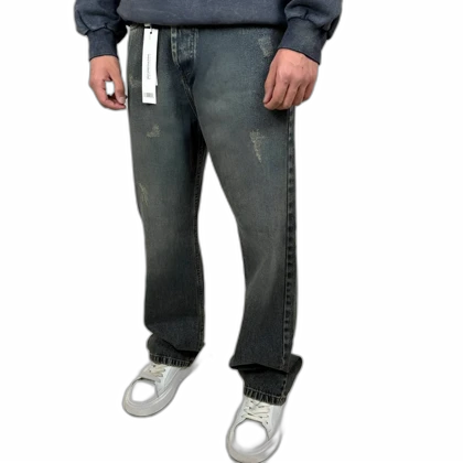 شلوار جین نیم بگ زاپ‌دار مردانه دودی آبی روشن