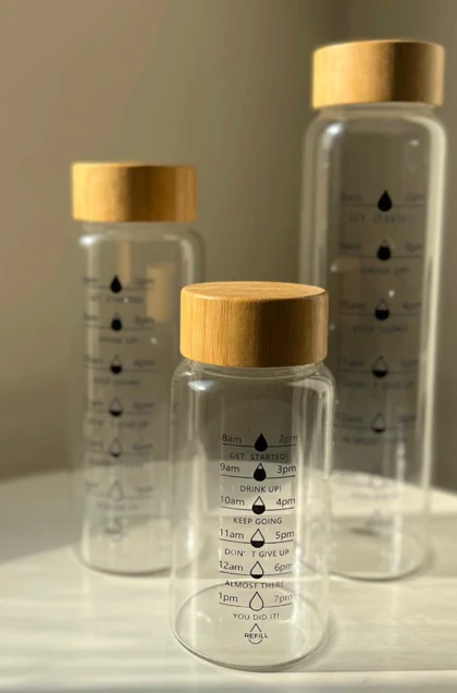 بطری آب شیشه ای درب بامبو در سه سایز