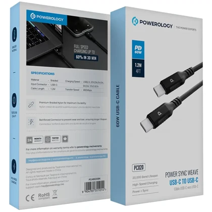 کابل تایپ‌سی به تایپ سی 60 وات 1.2 متری پاورولوژی Powerology PC020 PCAB020