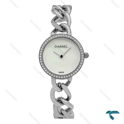 ساعت شنل زنانه بندکارتیری استیل صفحه سفید دورنگین Chanel-7962-L