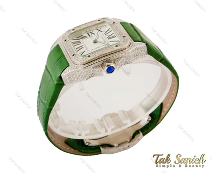 ساعت کارتیر زنانه دورنگین بند چرم سبز Cartier-4082-L