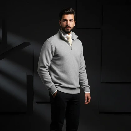پکیج دورس مردانه نیم زیپ مدل Behbod-طوسی + پیراهن مردانه سفید VQ