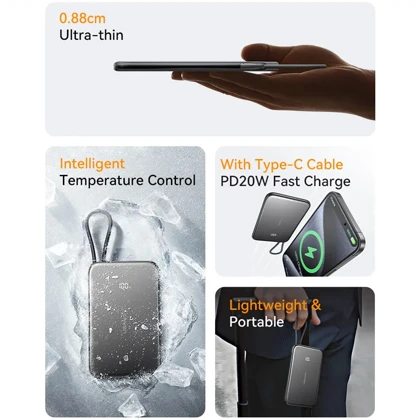 پاور بانک 5000 فوق باریک با کابل Type-C یوسامز USAMS US-CD227 با اتصال مگنتی
