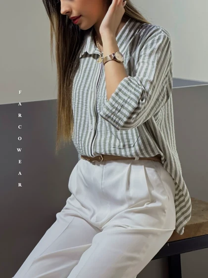 شومیز راه راه لینن زنانه خنک و تابستانی کد 093