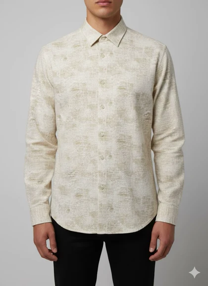 پیراهن مردانه آستین بلند کنفی طرحدار کرم 201